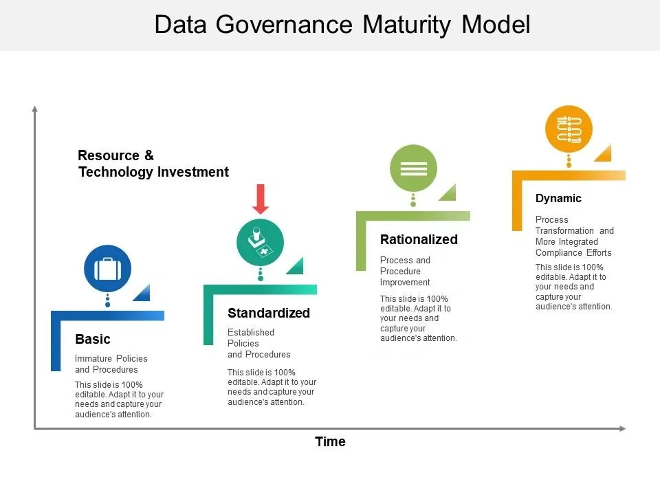 Data Governance Maturity Model showing four stages: Basic, Standardized, Rationalized, and Dynamic over time and resource investment.
